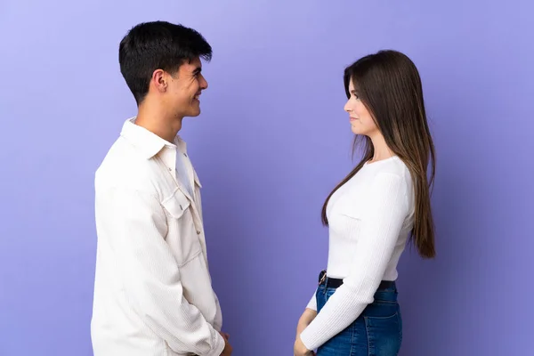 Young Couple Isolated Purple Background Happy Expression — Stock Photo, Image