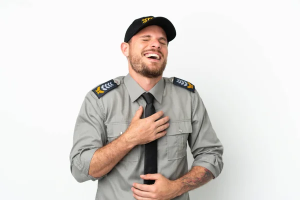 Junger Sicherheitsmann Brasilianischer Abstammung Auf Weißem Hintergrund Lächelt Viel — Stockfoto