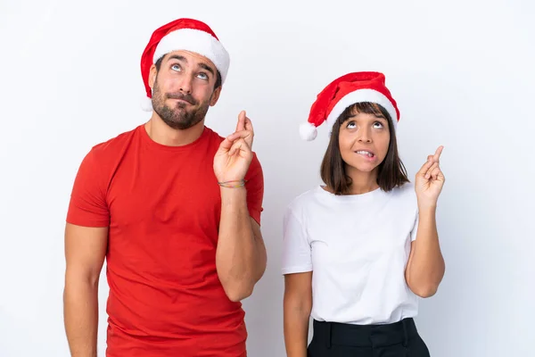 Jeune Couple Avec Chapeau Noël Isolé Sur Fond Blanc Avec — Photo