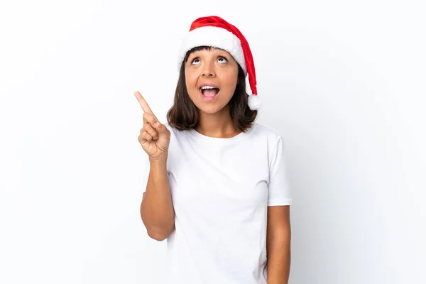 Joven Mujer Mestiza Celebrando Navidad Aislada Sobre Fondo Blanco Apuntando — Foto de Stock