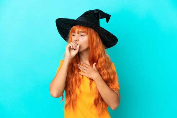 Young Woman Disguised Witch Isolated Blue Background Suffering Cough Feeling — Stock Photo, Image