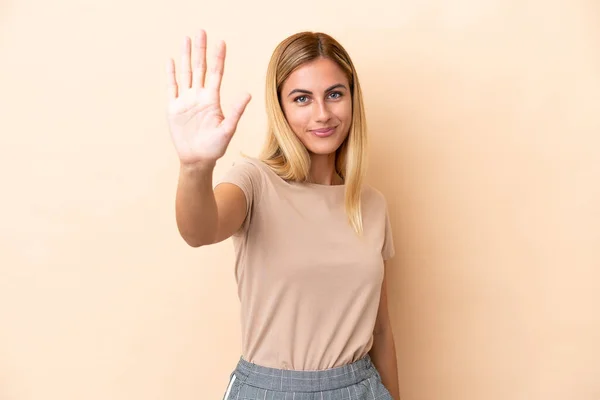 Blonde Uruguayan Girl Isolated Beige Background Counting Five Fingers — Stock Photo, Image