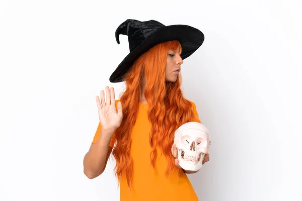 Young Mixed Race Woman Disguised Witch Holding Skull Isolated White — Stock Photo, Image