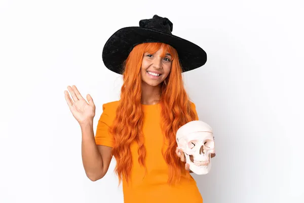 Young Mixed Race Woman Disguised Witch Holding Skull Isolated White — Stock Photo, Image