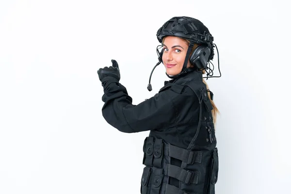 Swat Caucasian Woman Isolated White Background Pointing Back — Stock Photo, Image