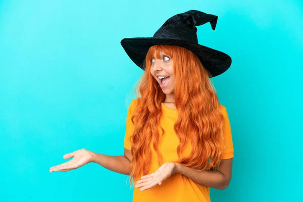 Young Woman Disguised Witch Isolated Blue Background Surprise Facial Expression — Stock Photo, Image