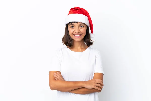 Young Mixed Race Woman Celebrating Christmas Isolated White Background Keeping — Stock Photo, Image