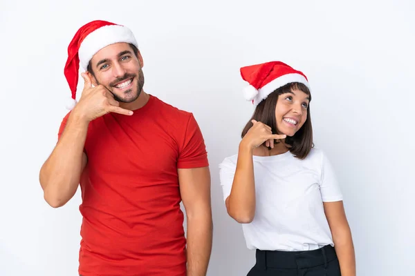 Jeune Couple Avec Chapeau Noël Isolé Sur Fond Blanc Faisant — Photo