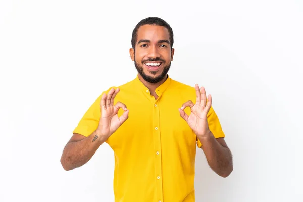 Young Ecuadorian Man Isolated White Background Showing Sign Two Hands — Stock Photo, Image