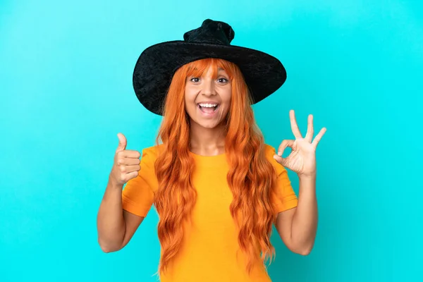 Young Woman Disguised Witch Isolated Blue Background Showing Sign Thumb — Stock Photo, Image