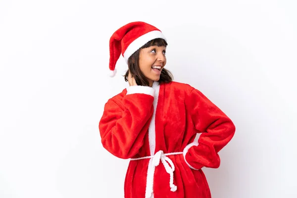 Jeune Femme Métisse Déguisée Père Noël Isolé Sur Fond Blanc — Photo