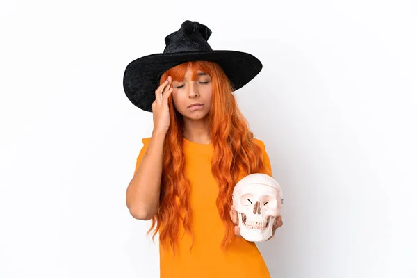 Young Mixed Race Woman Disguised Witch Holding Skull Isolated White — Stock Photo, Image