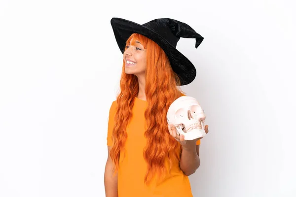 Young Mixed Race Woman Disguised Witch Holding Skull Isolated White — Stock Photo, Image