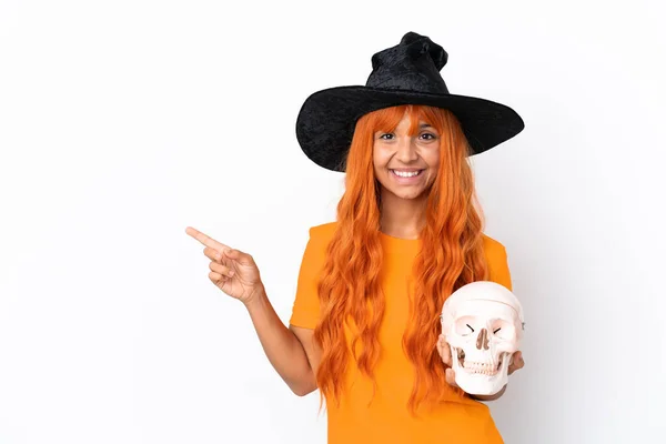 Young Mixed Race Woman Disguised Witch Holding Skull Isolated White — Stock Photo, Image