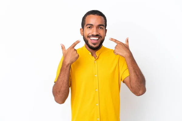 Joven Ecuatoriano Aislado Sobre Fondo Blanco Dando Gesto Pulgares Hacia —  Fotos de Stock