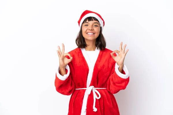 Ung Blandras Kvinna Förklädd Till Jultomten Isolerad Vit Bakgrund Zen — Stockfoto
