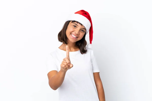 Jovem Mista Celebrando Natal Isolado Fundo Branco Mostrando Levantando Dedo — Fotografia de Stock