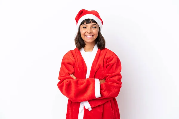 Jeune Femme Métisse Déguisée Père Noël Isolé Sur Fond Blanc — Photo