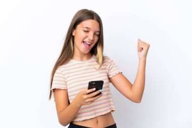 Beyaz arka planda izole edilmiş, telefon zafer pozisyonunda.