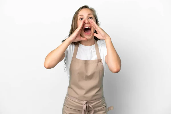 Restaurant Waiter Caucasian Woman Isolated White Background Shouting Announcing Something — Stock Photo, Image