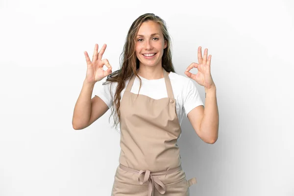 Restaurant Waiter Caucasian Woman Isolated White Background Showing Sign Fingers — Stock Photo, Image