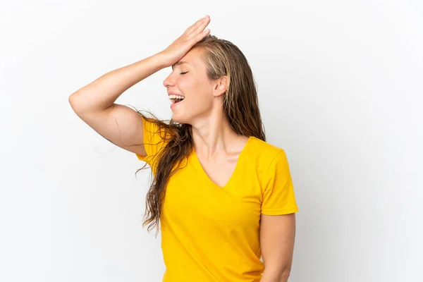 Jonge Blanke Vrouw Geïsoleerd Witte Achtergrond Heeft Iets Gerealiseerd Van — Stockfoto