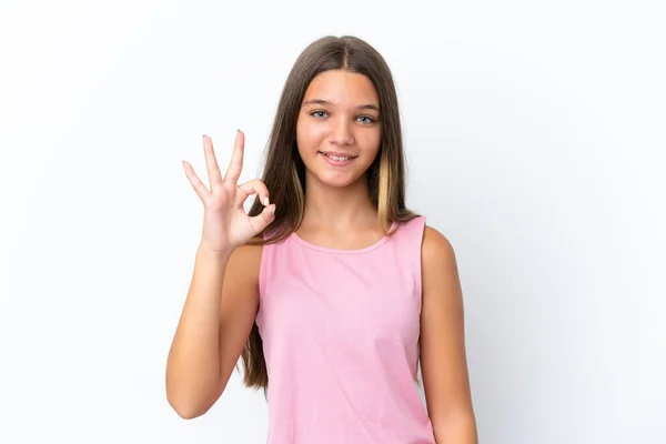 Маленькая Кавказская Девочка Белом Фоне Показывает Знак Пальцами — стоковое фото