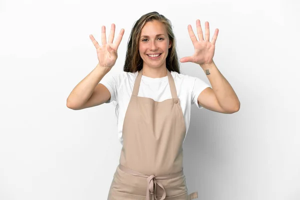 Restaurant Waiter Caucasian Woman Isolated White Background Counting Nine Fingers — Stock Photo, Image
