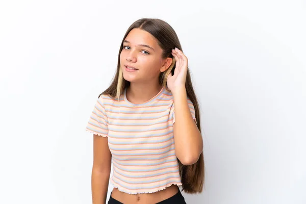 Little Caucasian Girl Isolated White Background Listening Something Putting Hand — Stock Photo, Image