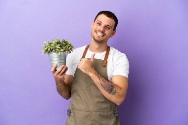 Brezilyalı bahçıvan mor arka planda bir bitki tutuyor gururlu ve kendinden memnun.