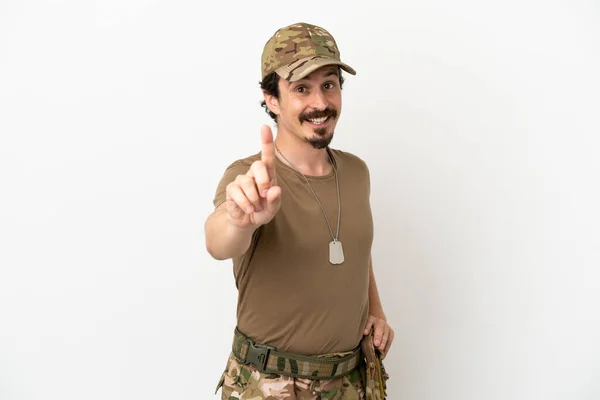 Soldat Man Isolerad Vit Bakgrund Visar Och Lyfta Ett Finger — Stockfoto