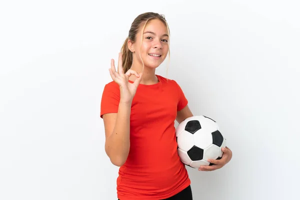 Pequeña Chica Caucásica Aislada Sobre Fondo Blanco Con Pelota Fútbol —  Fotos de Stock