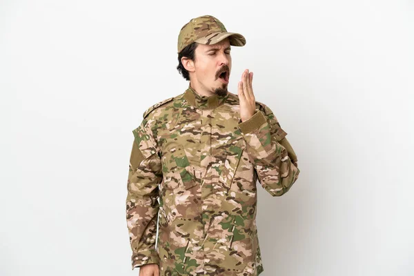 Soldier Man Isolated White Background Yawning Covering Wide Open Mouth — Stock Photo, Image