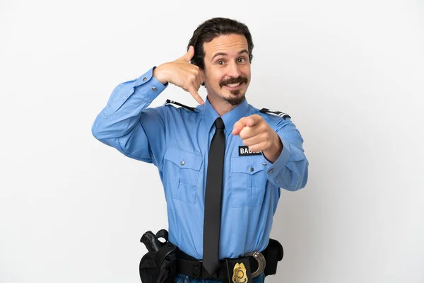 Молодий Поліцейський Над Ізольованим Фоном Білий Робить Телефонний Жест Вказує — стокове фото