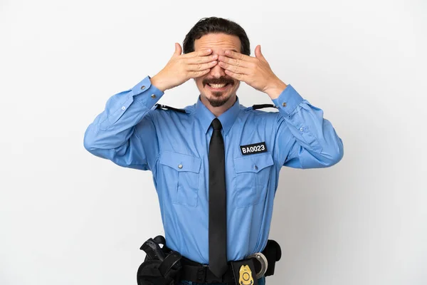 Νεαρός Αστυνομικός Πάνω Από Απομονωμένο Φόντο Λευκό Καλύπτει Μάτια Χέρια — Φωτογραφία Αρχείου