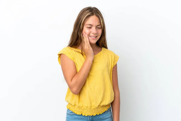 Pequena Menina Caucasiana Isolado Fundo Branco Com Dor Dente — Fotografia de Stock