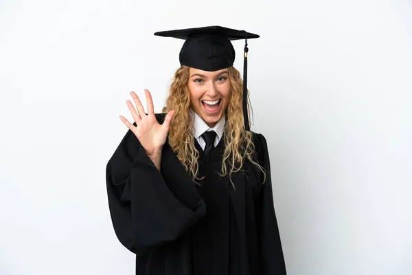 Graduação Universitária Jovem Isolado Fundo Branco Contando Cinco Com Dedos — Fotografia de Stock