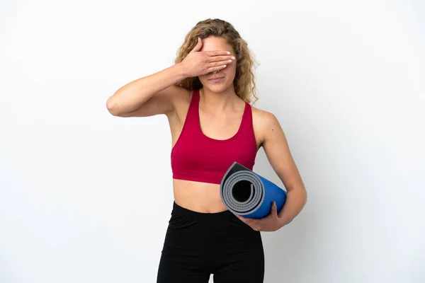 Joven Mujer Rubia Deportiva Que Clases Yoga Mientras Sostiene Una —  Fotos de Stock