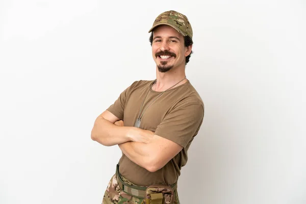 Soldat Man Isolerad Vit Bakgrund Med Armarna Korsade Och Ser — Stockfoto