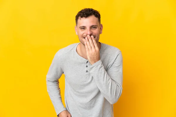 Young Caucasian Handsome Man Isolated Yellow Background Happy Smiling Covering — Stock Photo, Image