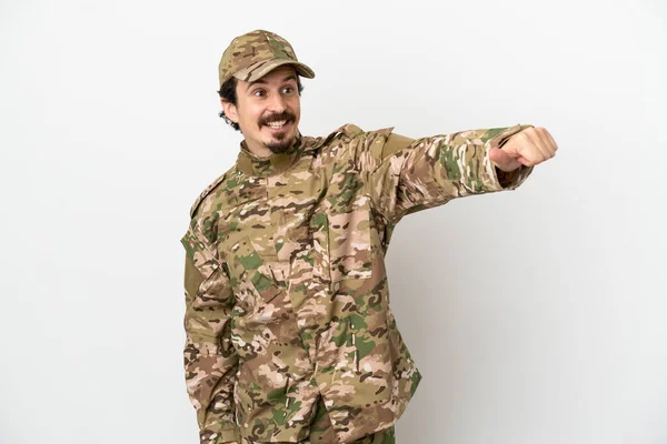 Soldat Man Isolerad Vit Bakgrund Ger Tummen Upp Gest — Stockfoto
