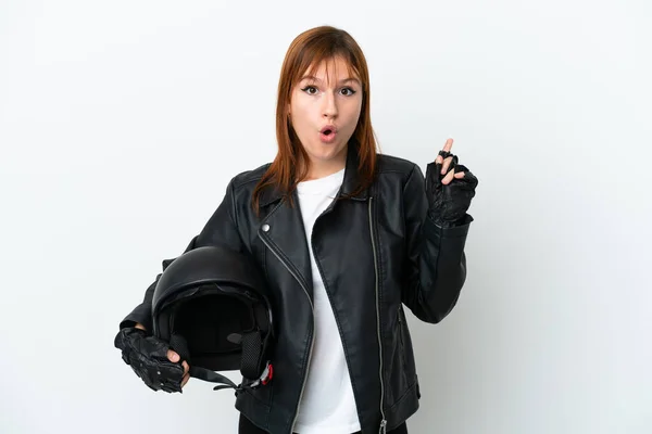 Roodharige Meisje Met Een Motorfiets Helm Geïsoleerd Witte Achtergrond Van — Stockfoto