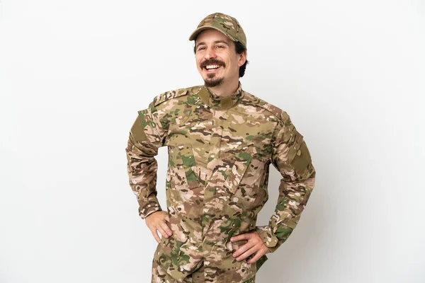 Soldat Man Isolerad Vit Bakgrund Poserar Med Armar Vid Höften — Stockfoto
