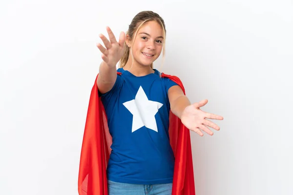 小さなCaucasian女の子隔離されました上の白い背景でスーパーヒーロー衣装とやって来るジェスチャー — ストック写真