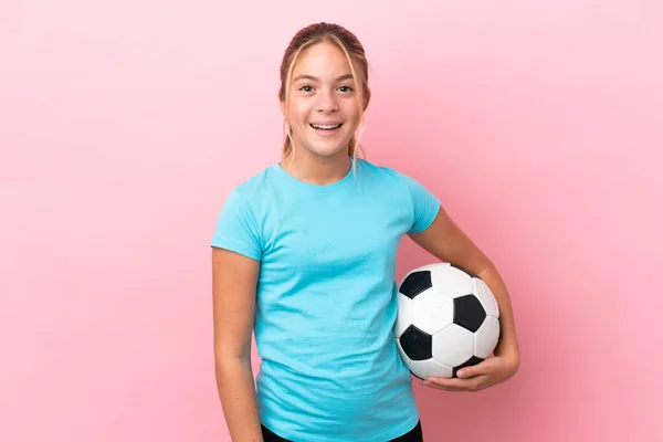 Little Football Player Girl Isolated Pink Background Surprise Facial Expression — Stock Photo, Image