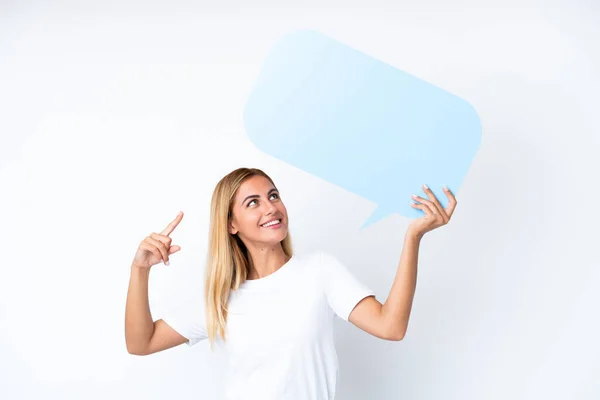 Blonde Uruguayan Girl Isolated White Background Holding Empty Speech Bubble — Stock Photo, Image