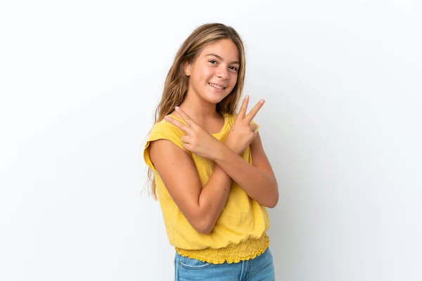 Pequeña Chica Caucásica Aislada Sobre Fondo Blanco Sonriendo Mostrando Signo —  Fotos de Stock