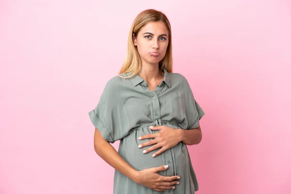 Mujer Joven Uruguaya Aislada Sobre Fondo Azul Embarazada —  Fotos de Stock