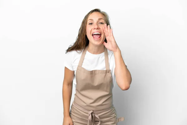 Restaurant Waiter Caucasian Woman Isolated White Background Shouting Mouth Wide — Stock Photo, Image