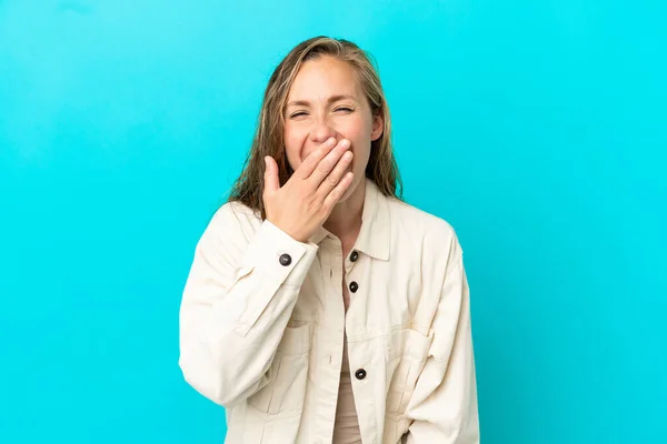 Young Caucasian Woman Isolated Blue Background Happy Smiling Covering Mouth — Stock Photo, Image